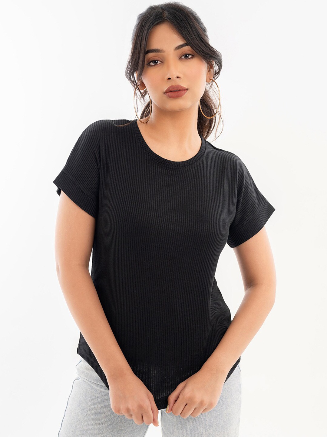 

Halff Grey Ribbed Drop Shoulder Sleeves T-Shirt, Black