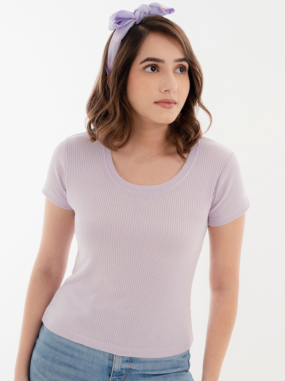 

Halff Grey Ribbed Scoop Neck T-Shirt, Lavender