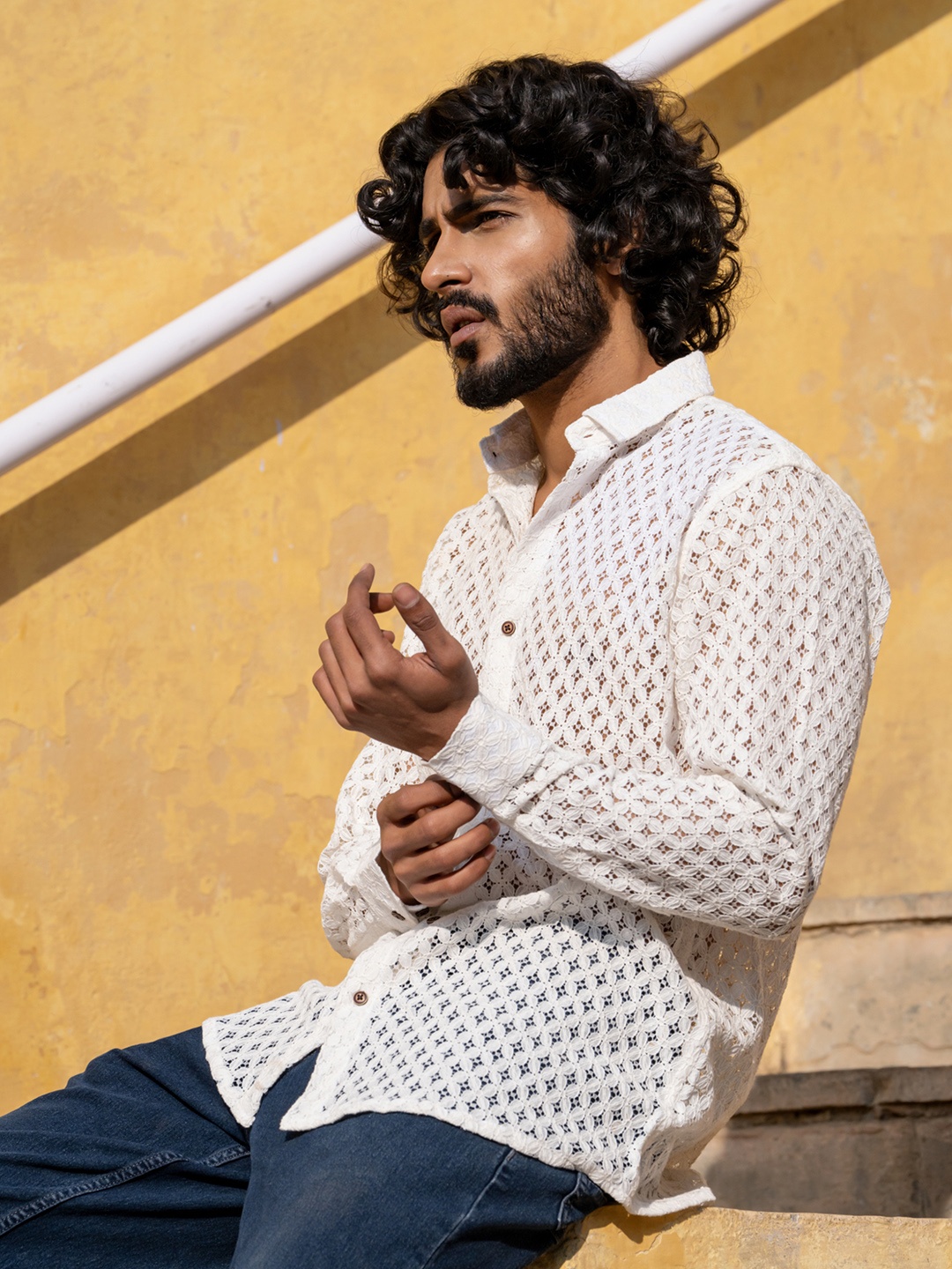 

Firangi Yarn Standard Textured Semi Sheer Crochet Knit Organic Cotton Party Shirt, White