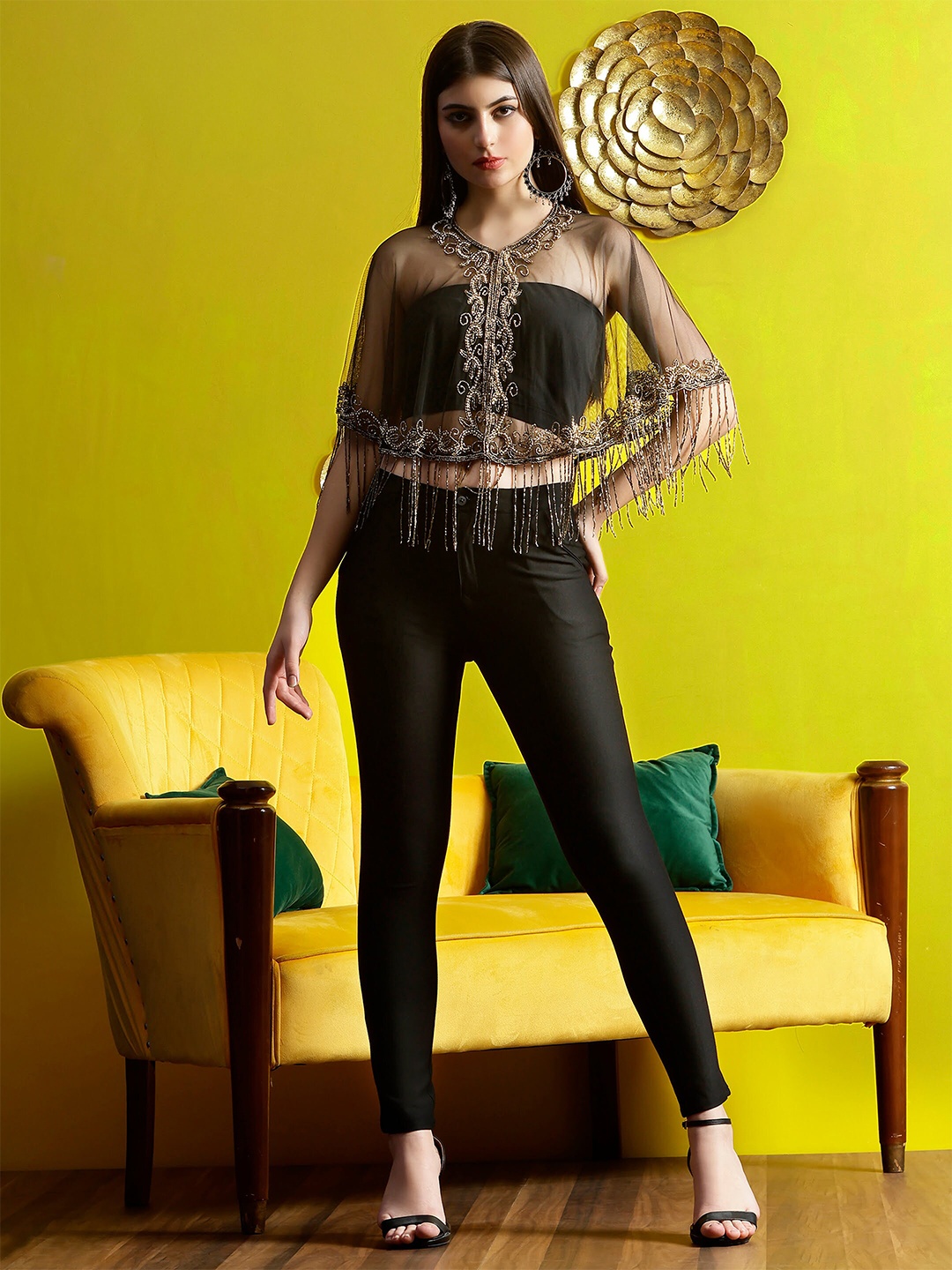 

DEBONATELLA Women Embellished Crop Tie-Up Shrug, Black