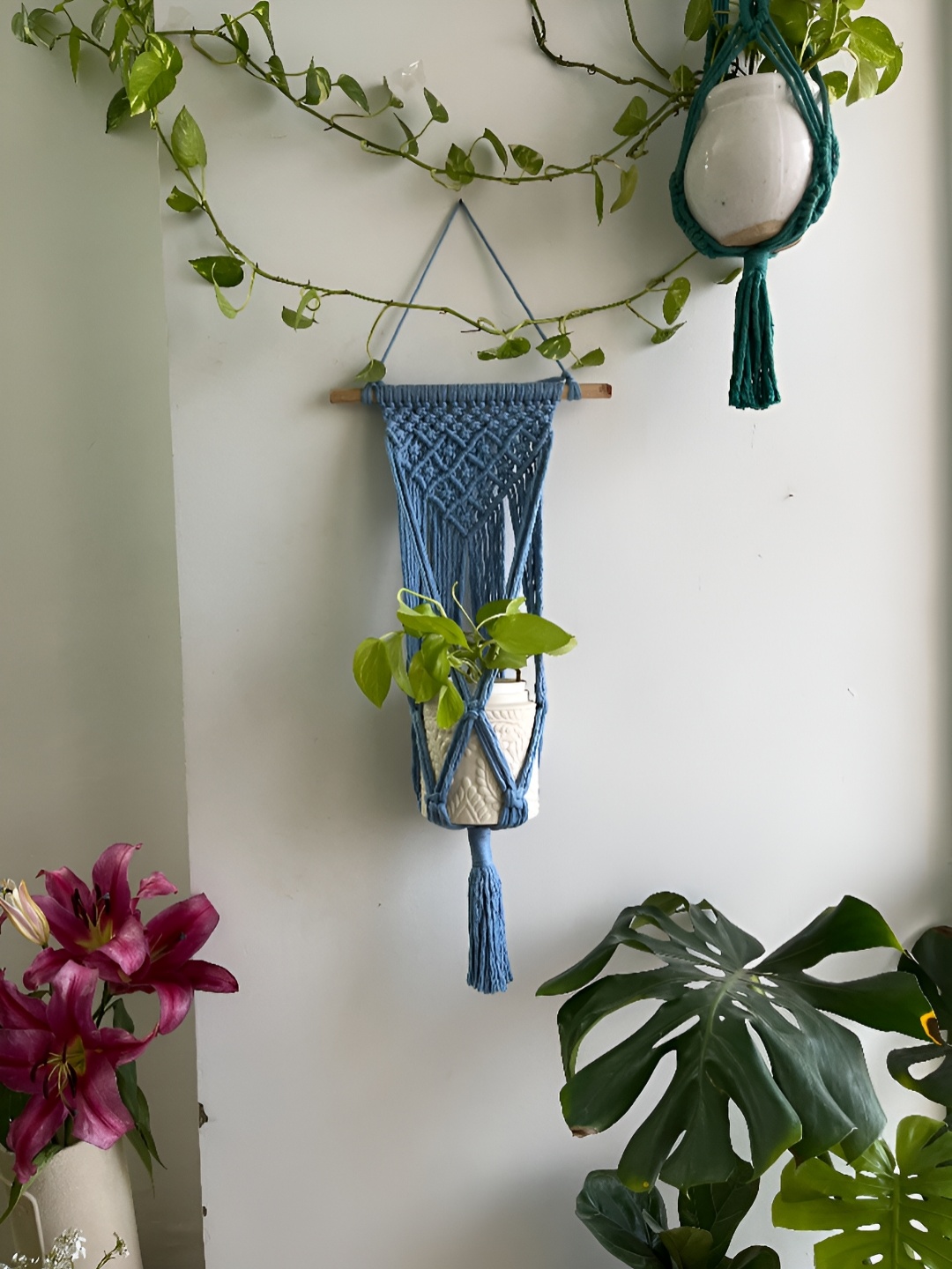 

Story of Knots Blue Macrame Wall Plant Hanger