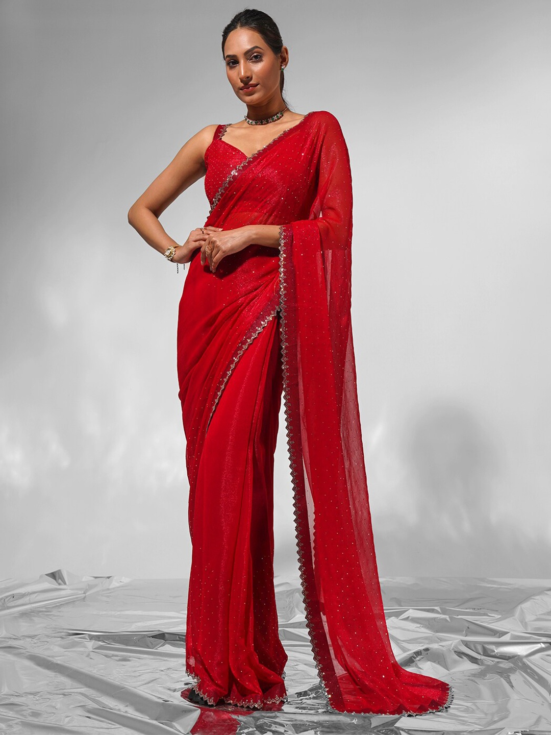 

modeva Embellished Beads and Stones Pure Chiffon Ready to Wear Saree, Red