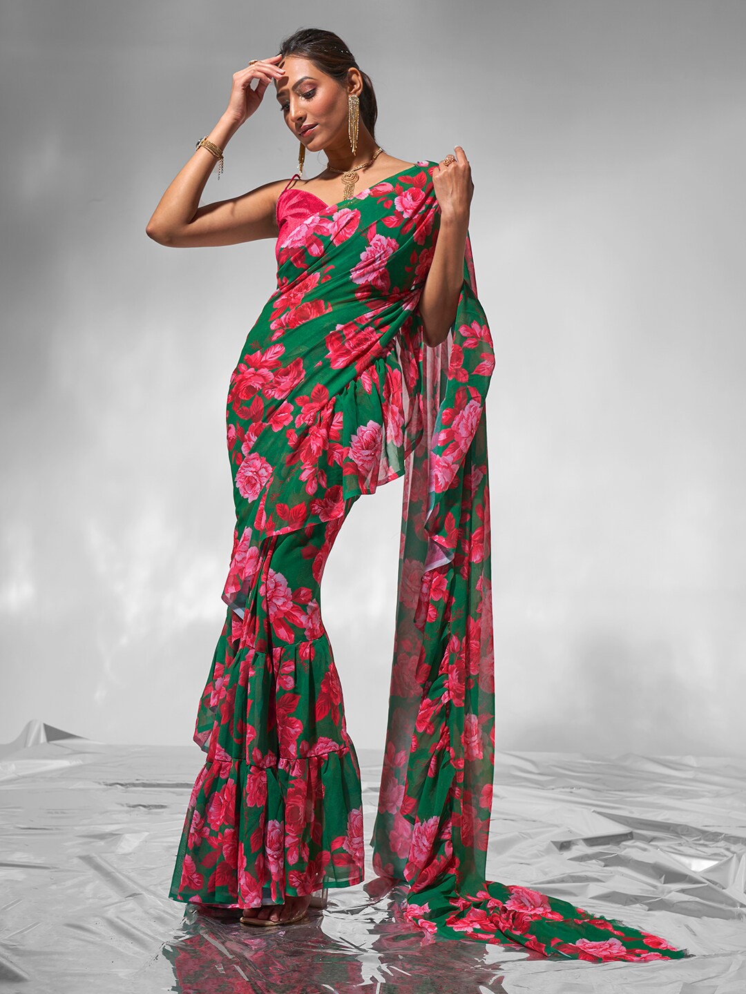 

modeva Floral Printed Pure Georgette Ready to Wear Saree, Green