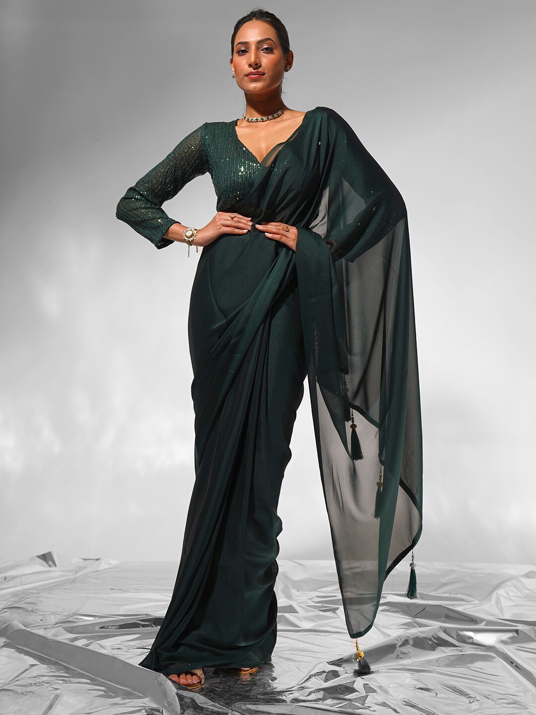 

modeva Pure Chiffon Ready to Wear Saree, Green