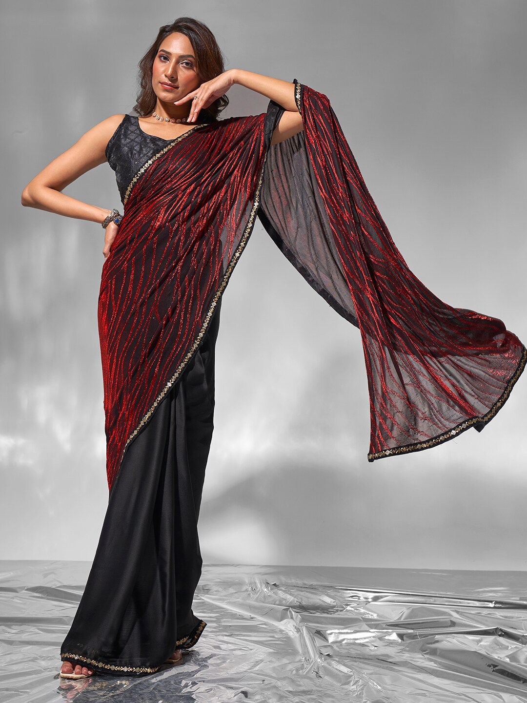 

modeva Embellished Sequinned Pure Chiffon Ready to Wear Saree, Black