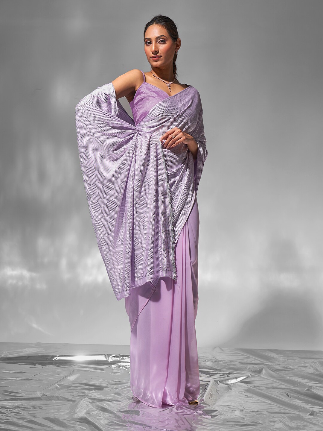 

modeva Sequinned Pure Chiffon Ready to Wear Saree, Lavender