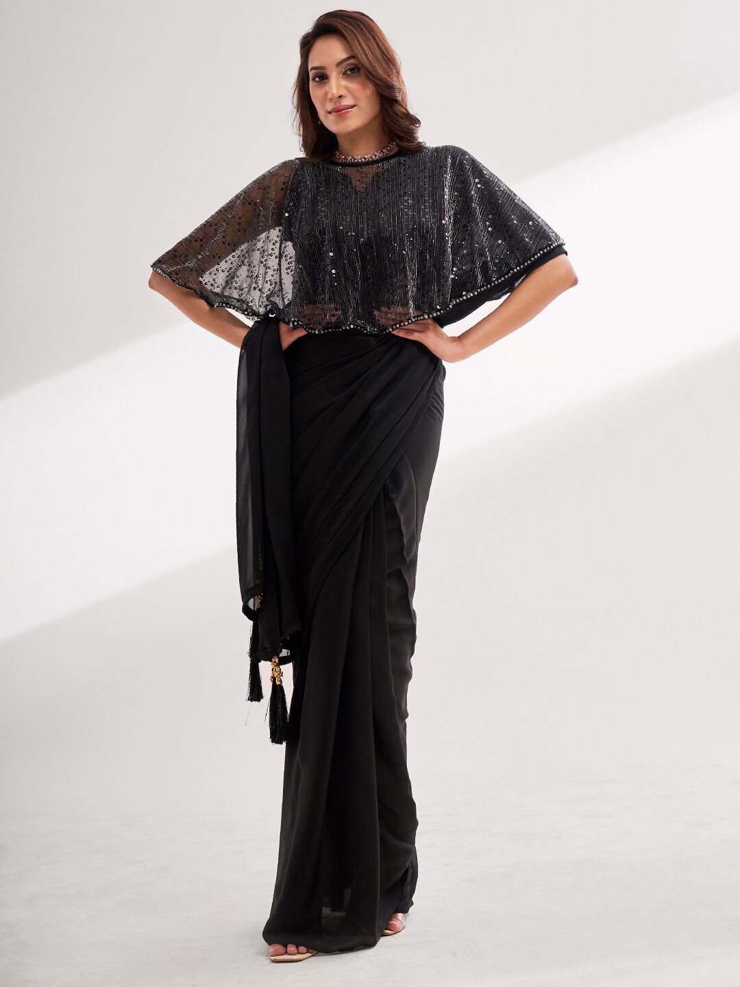 

modeva Pure Chiffon Ready to Wear Saree With Cape, Black