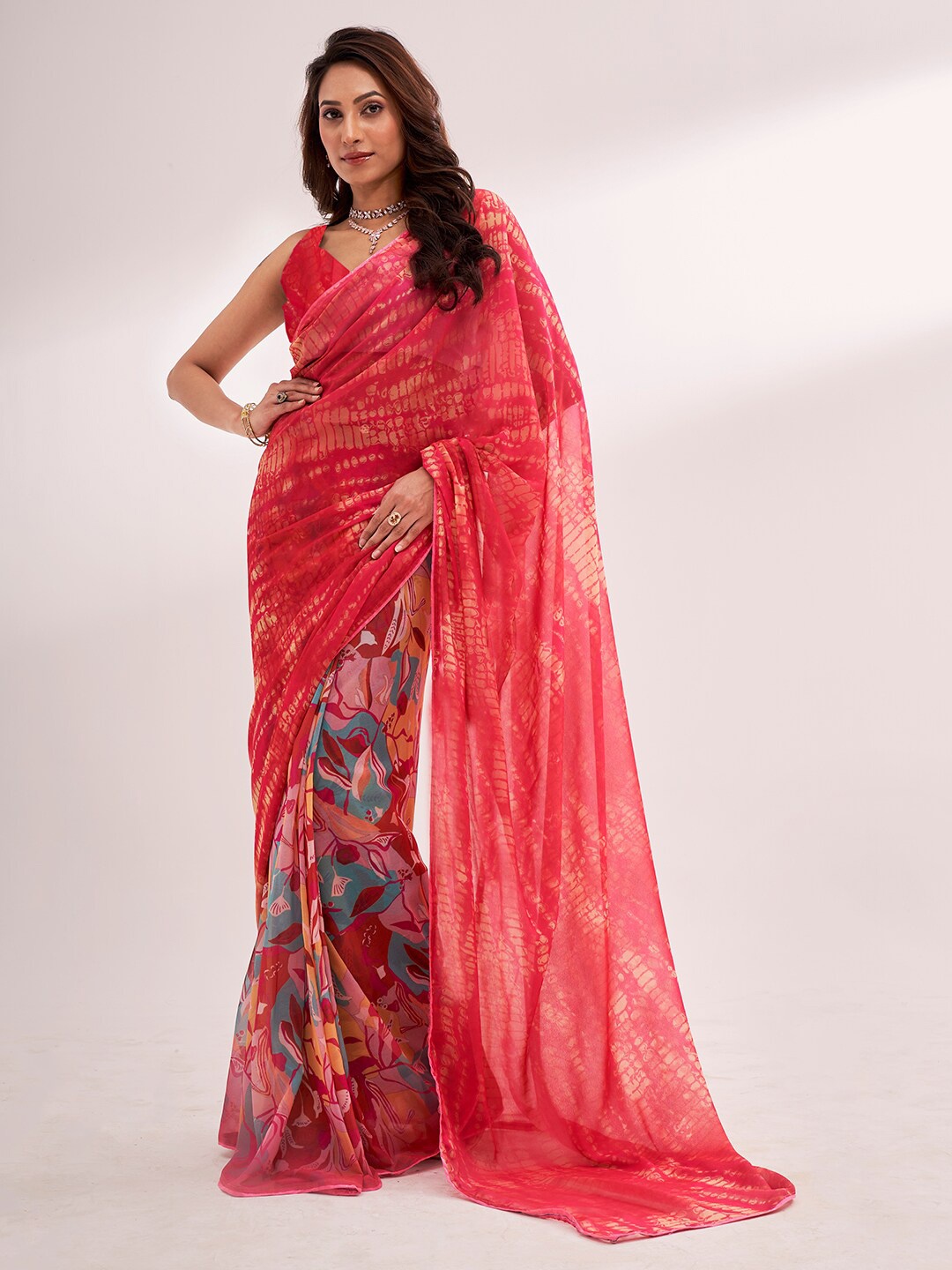 

modeva Floral Printed Pure Georgette Ready to Wear Saree, Red