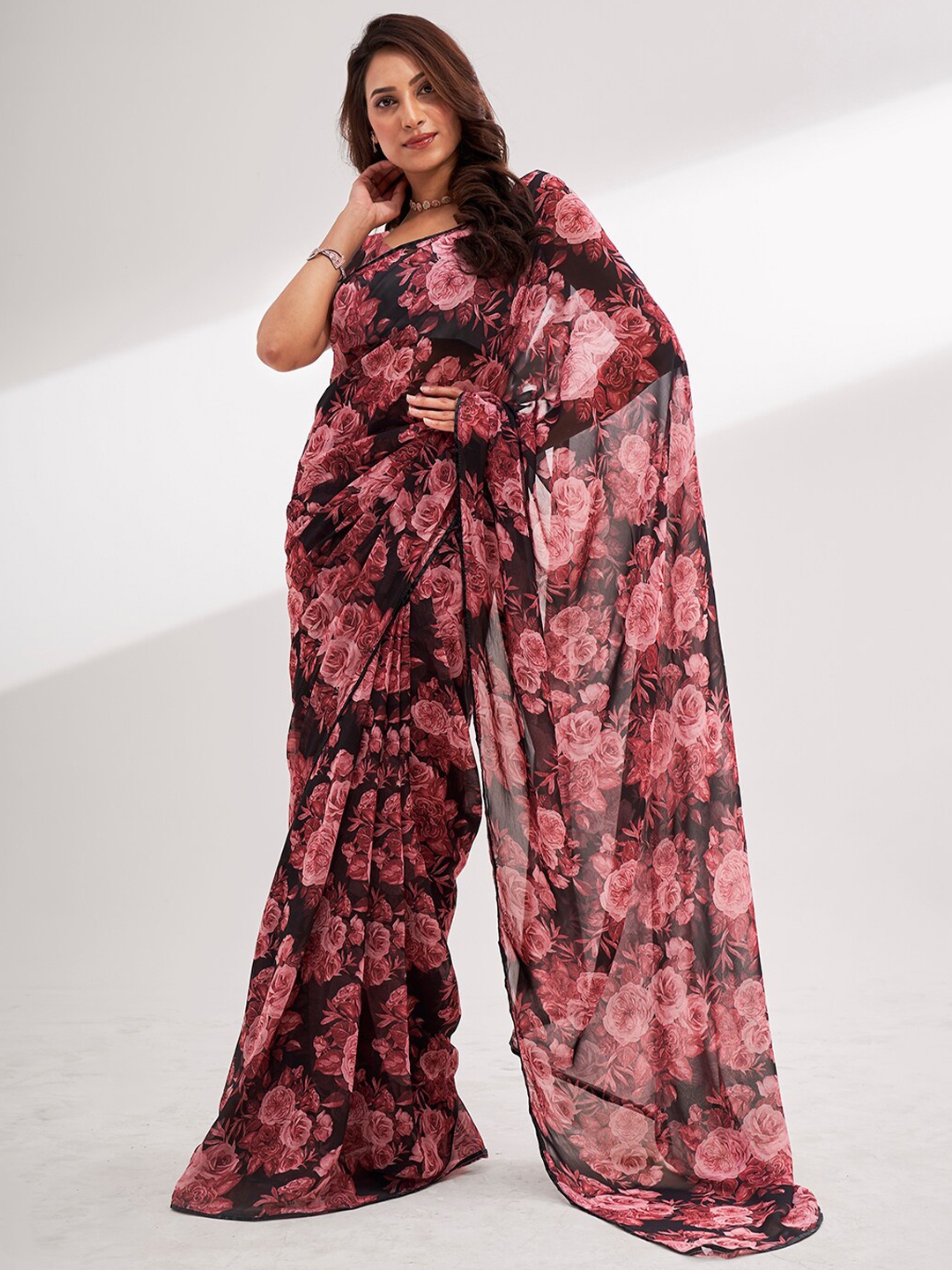 

modeva Floral Printed Pure Georgette Ready to Wear Saree, Black