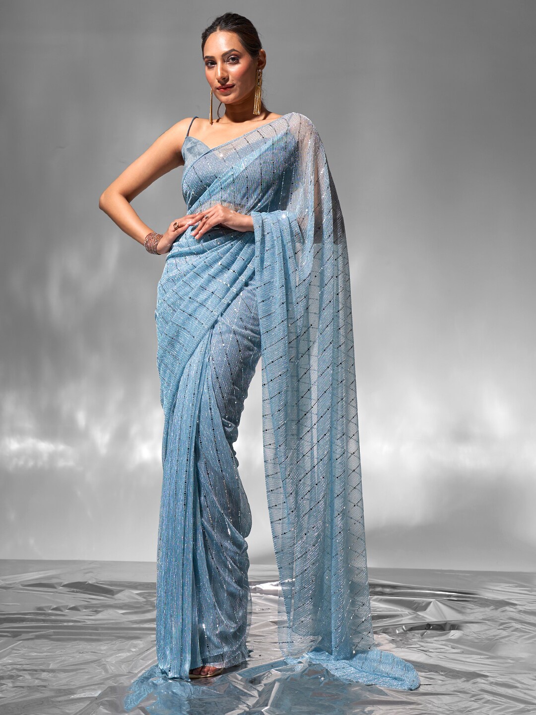 

modeva Embellished Sequinned Ready to Wear Saree, Blue