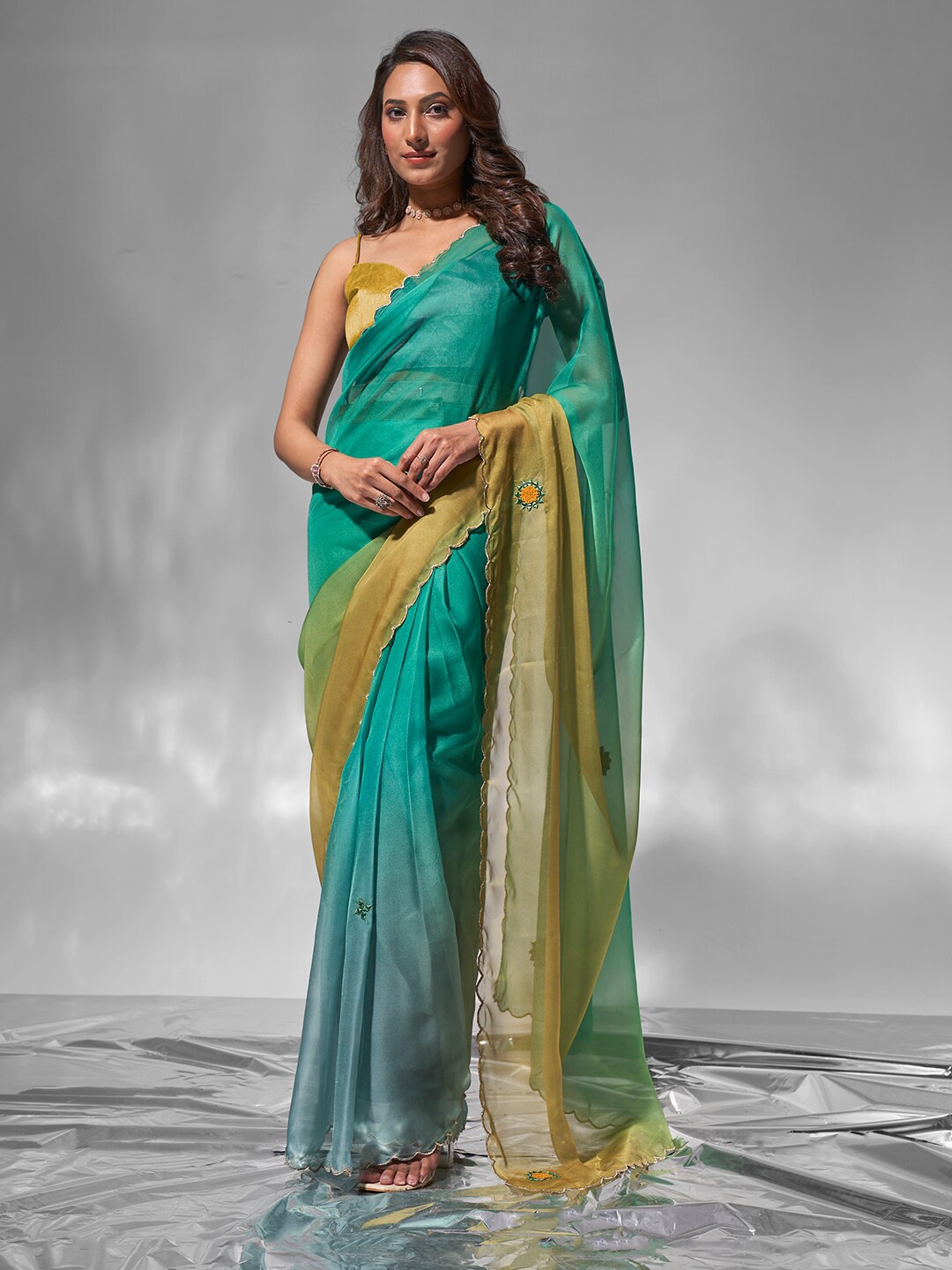 

modeva Floral Embroidered Mirror Work Organza Ready to Wear Saree, Green