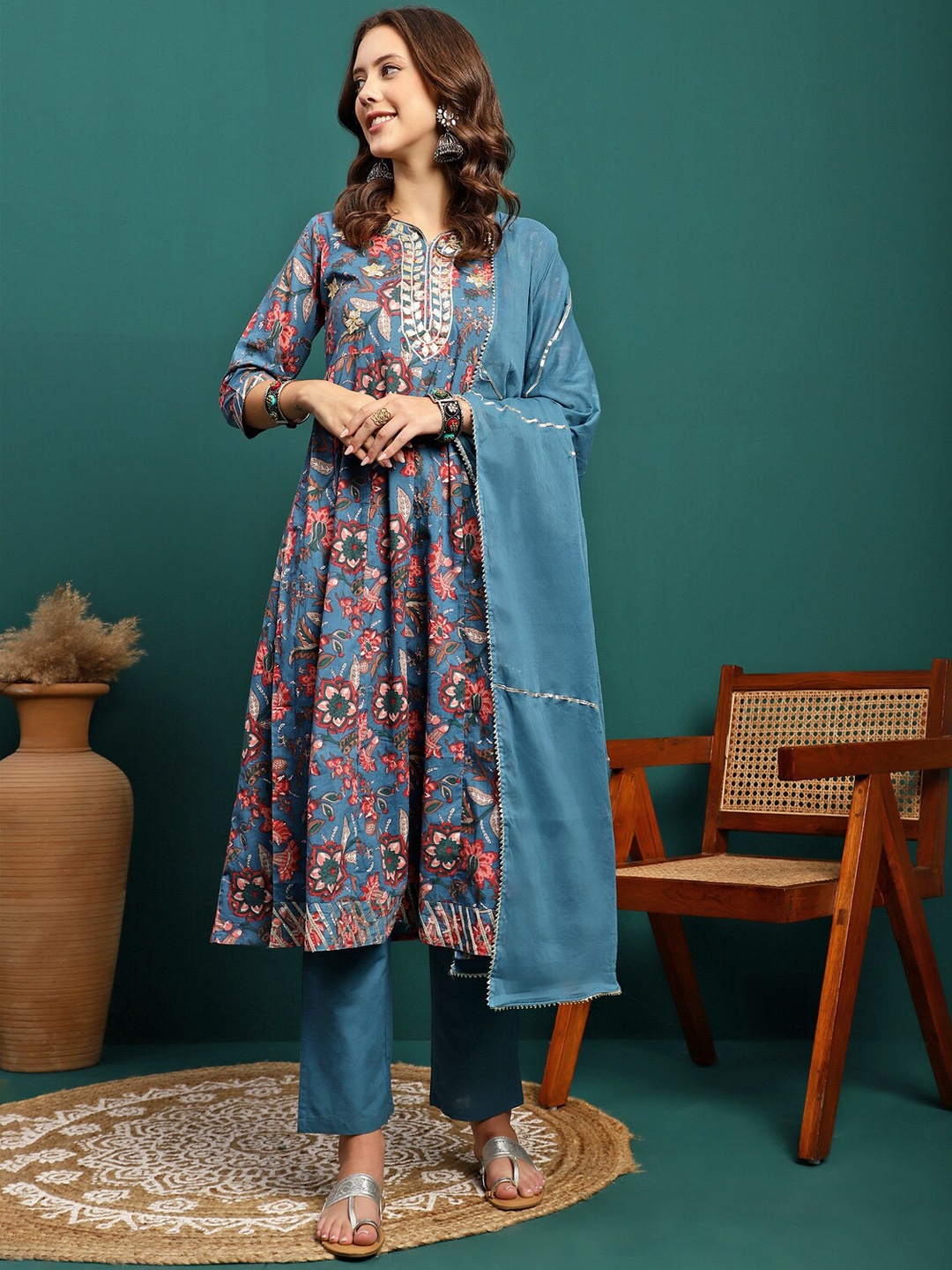 

Sangria Printed Pure Cotton A-Line Kurta With Trouser & Dupatta Set, Blue