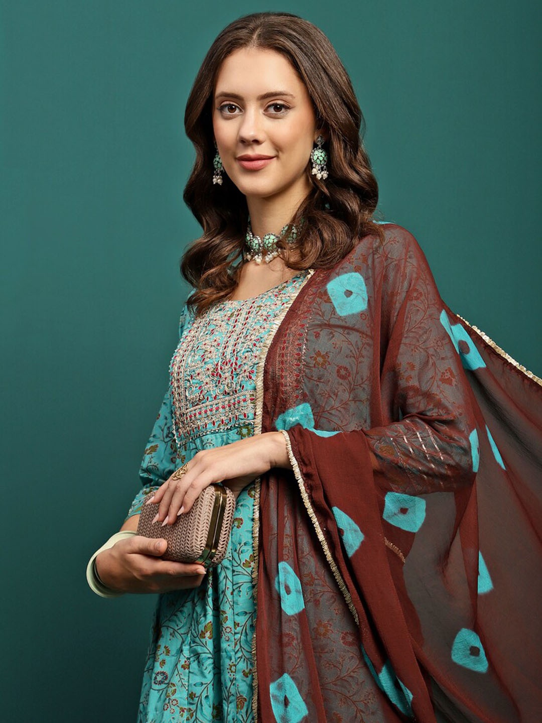 

Sangria Printed & Embroidered Pure Cotton Anarkali Kurta With Trouser & Dupatta Set, Turquoise blue