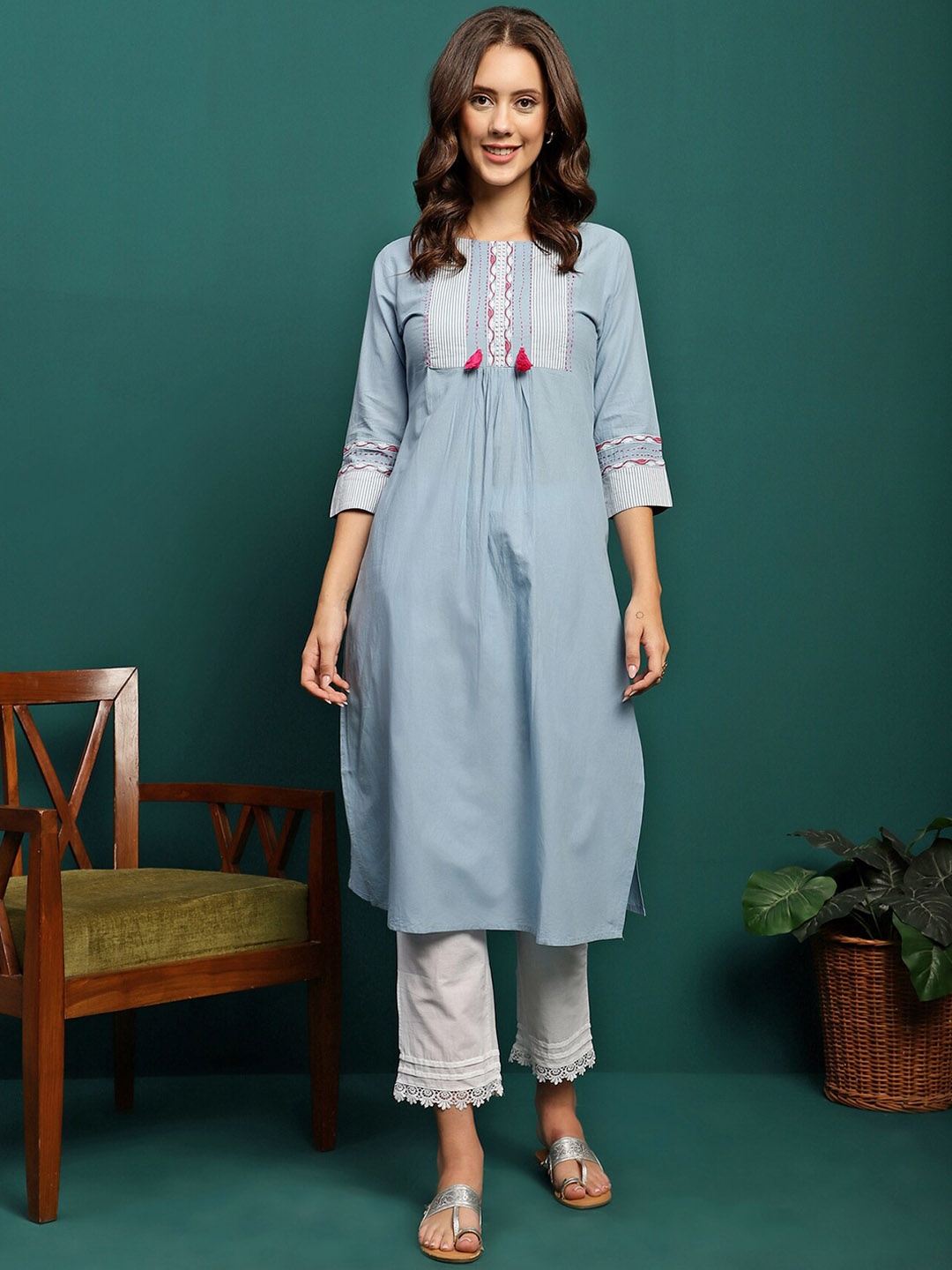 

Sangria Embroidered Pure Cotton A-Line Kurta With Trouser Set, Blue