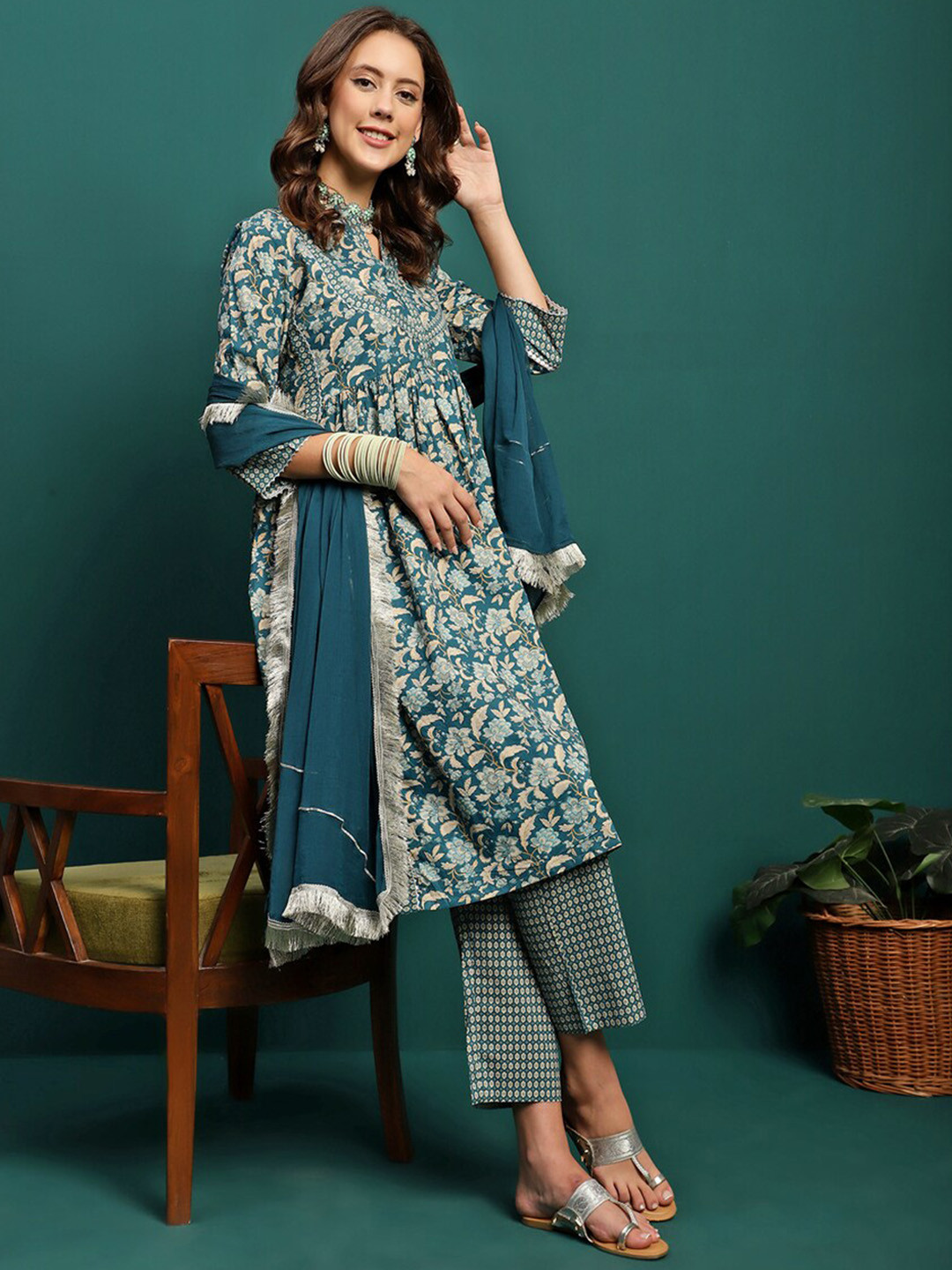 

Sangria Printed Pure Cotton A-Line Kurta With Trouser & Dupatta Set, Teal