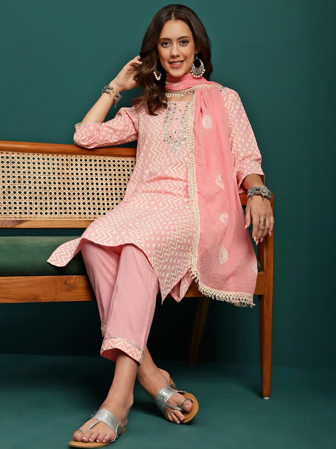 

Sangria Printed & Embroidered Pure Cotton Straight Kurta With Trouser & Dupatta Set, Pink