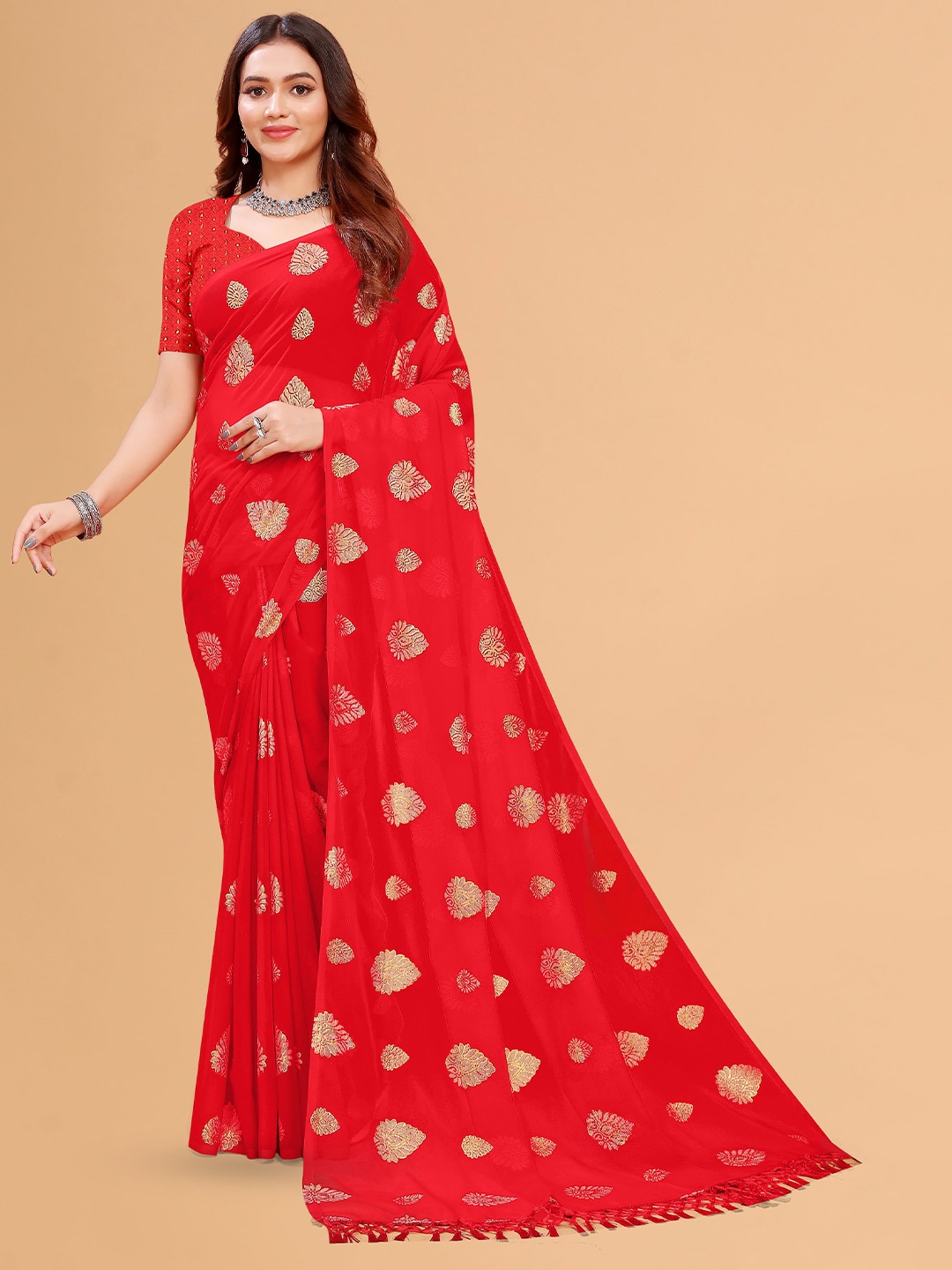 

QWARTY Floral Pure Georgette Kota Saree, Red