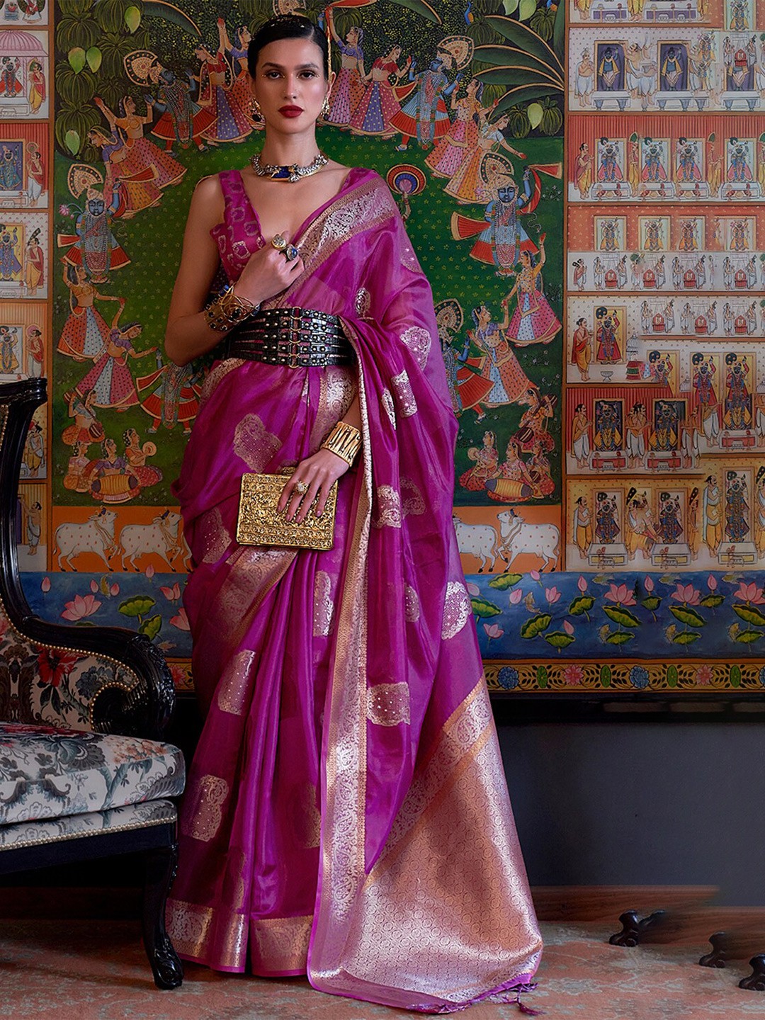 

DEVATITHI Woven Design Zari Organza Saree, Purple