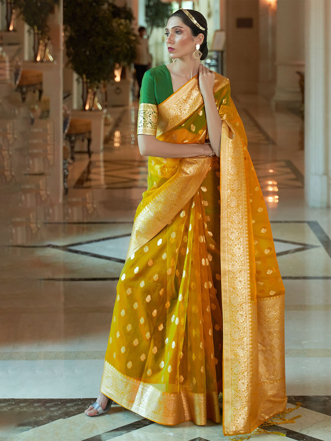 

DEVATITHI Woven Design Zari Organza Saree, Yellow