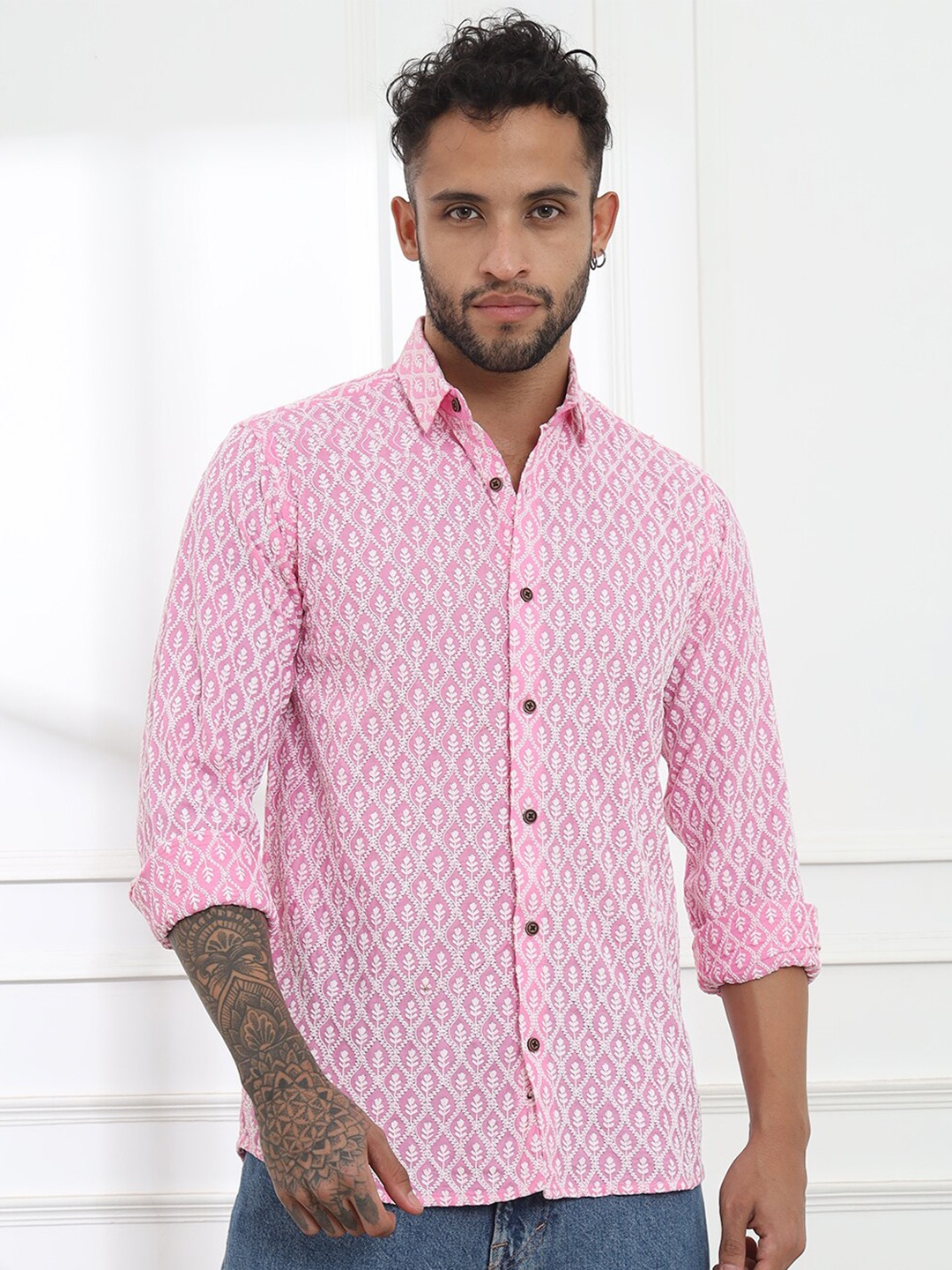 

Firangi Yarn India Slim Fit Floral Chikankari Embroidered Organic Cotton Party Shirt, Pink