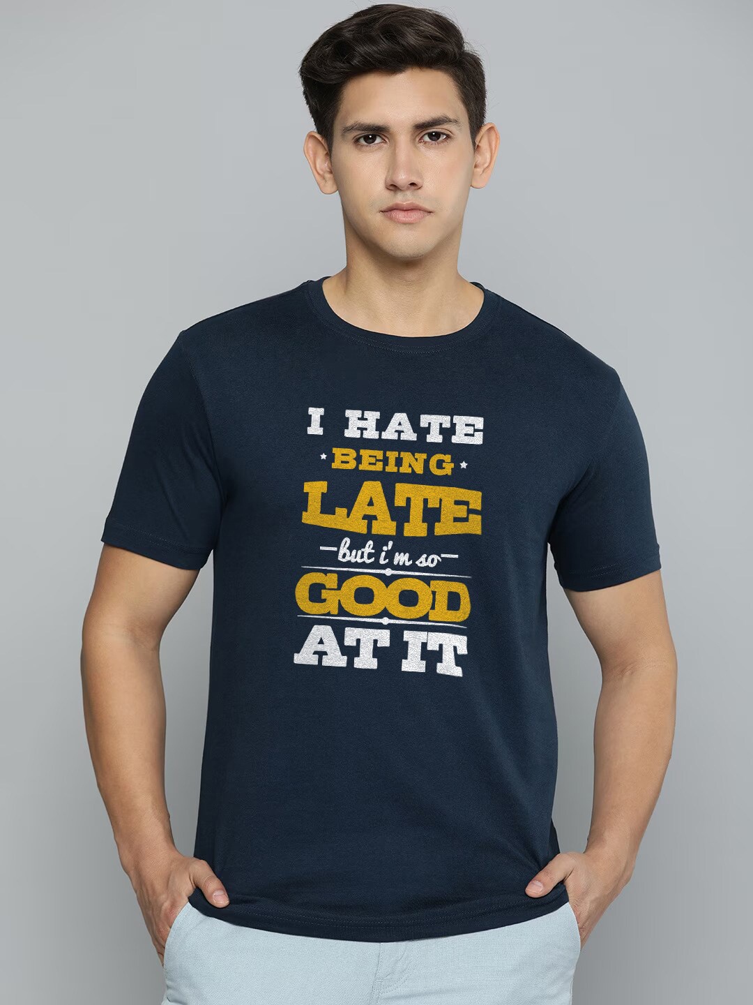 

Crazymonk Men Typography Printed Applique T-shirt, Navy blue