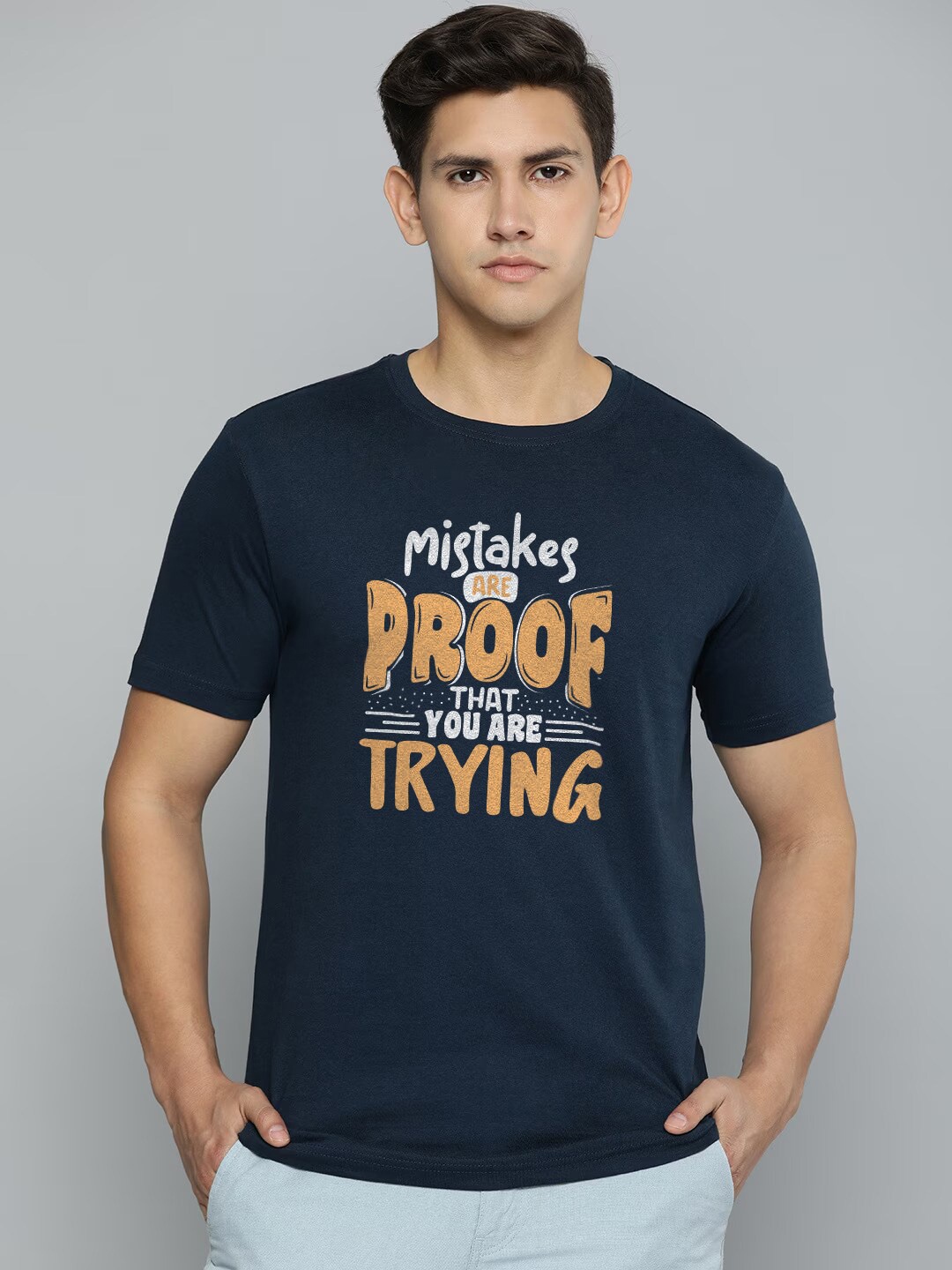 

Crazymonk Men Typography Printed Extended Sleeves Applique T-shirt, Navy blue