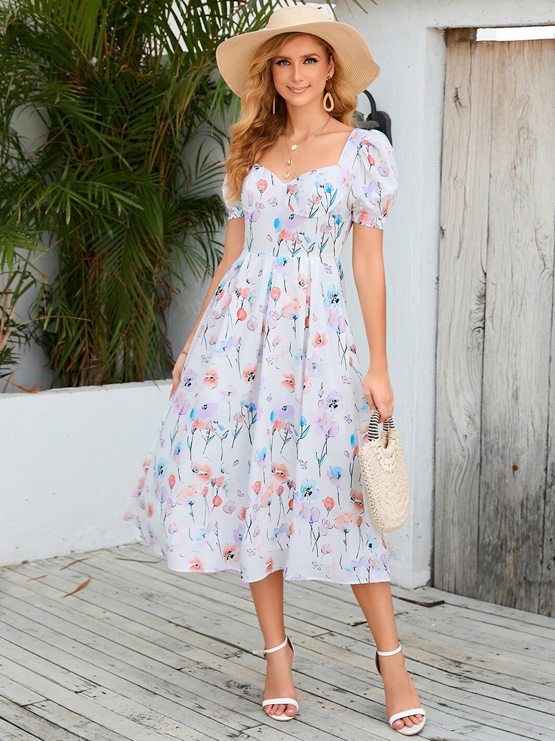 

JC Mode Floral Print Fit & Flare Midi Dress, White