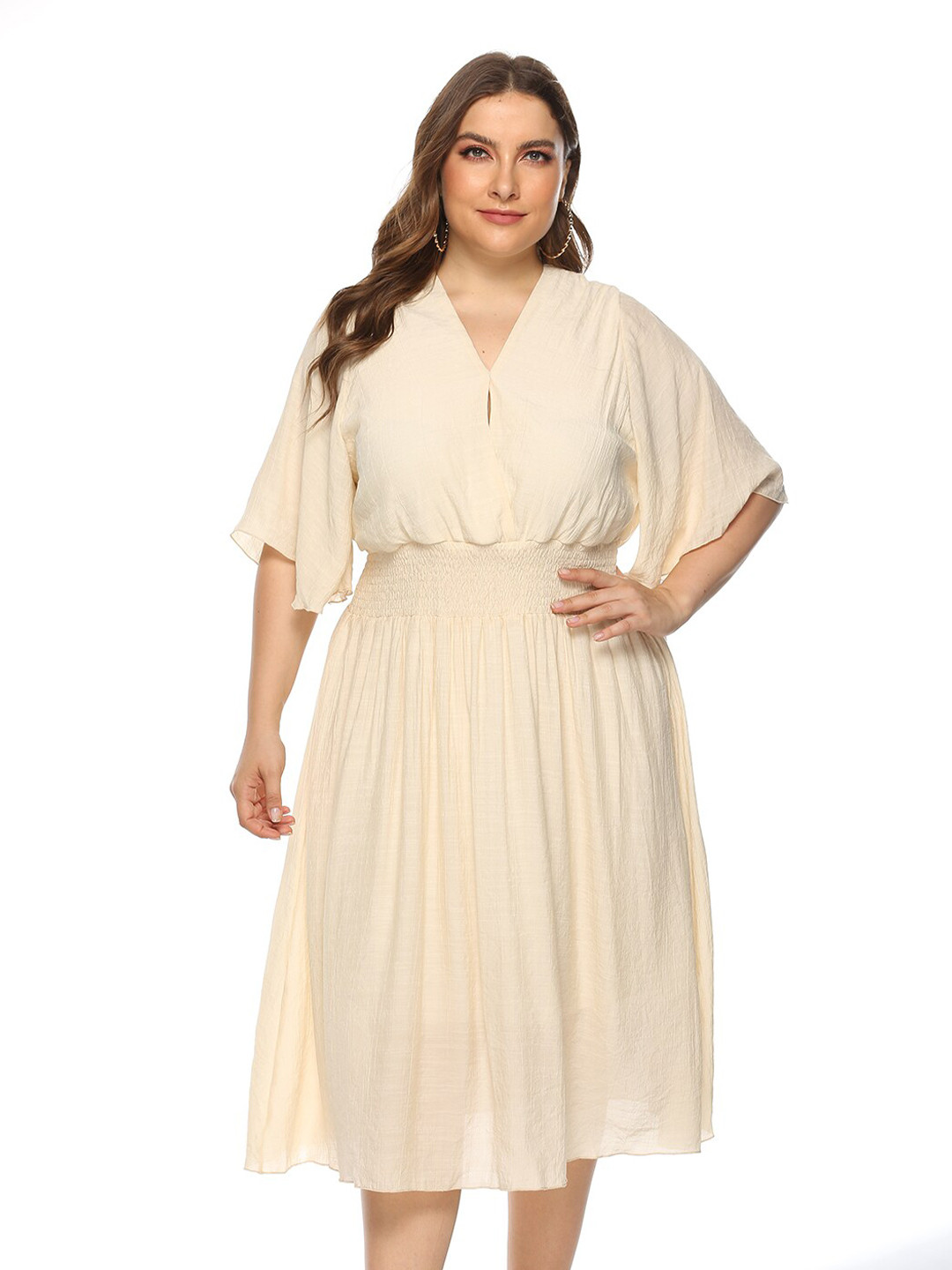 

JC Mode Flared Sleeve Fit & Flare Midi Dress, Beige