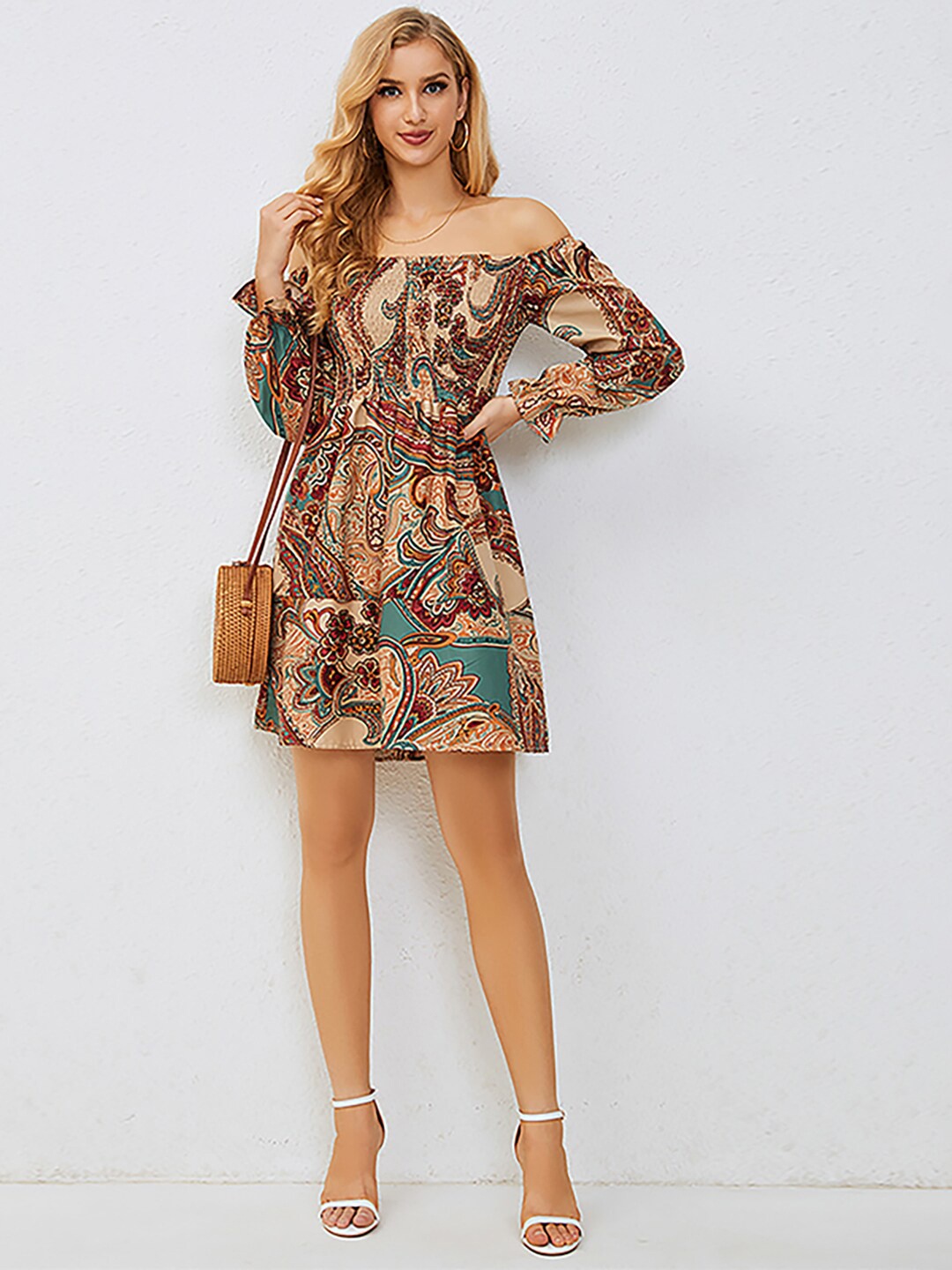 

JC Mode Floral Print Off-Shoulder Bell Sleeve Fit & Flare Dress, Multi