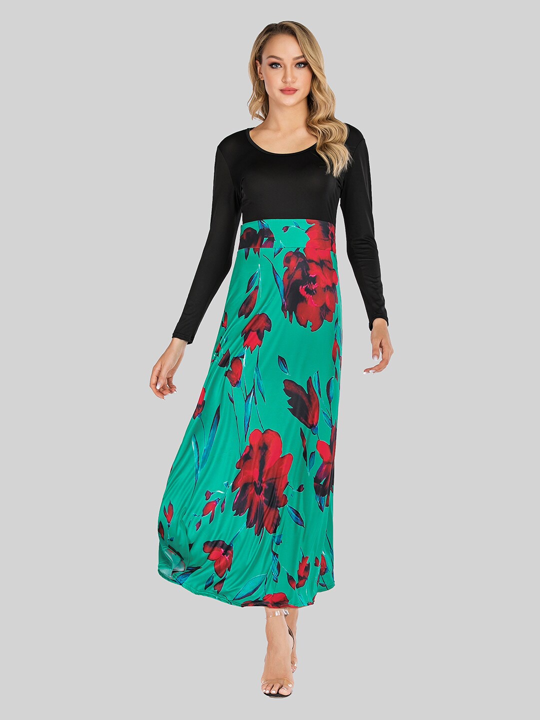 

JC Mode Floral Printed Round Neck Long Sleeves Maxi Dress, Green