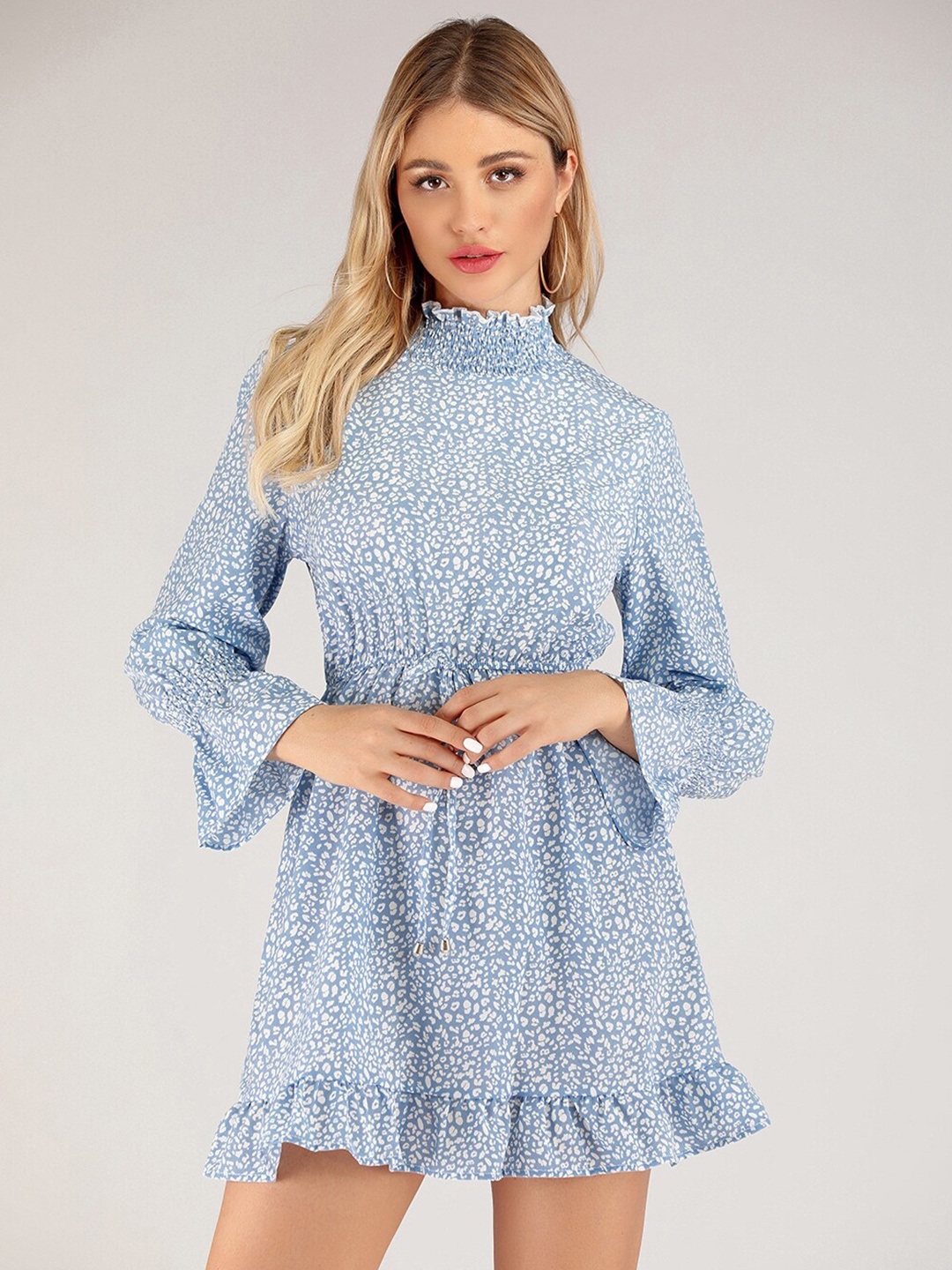 

JC Mode Floral Print Bell Sleeve A-Line Mini Dress, Blue