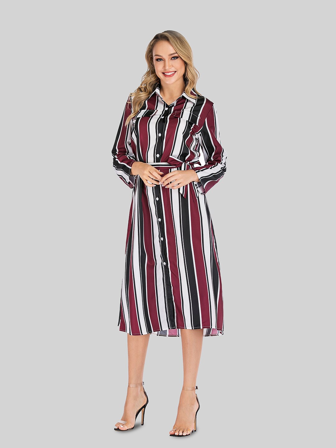 

JC Mode Striped Shirt Midi Dress, Maroon