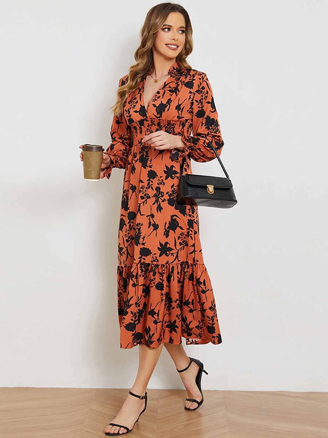 

JC Mode Floral Print Bell Sleeve Shirt Midi Dress, Orange