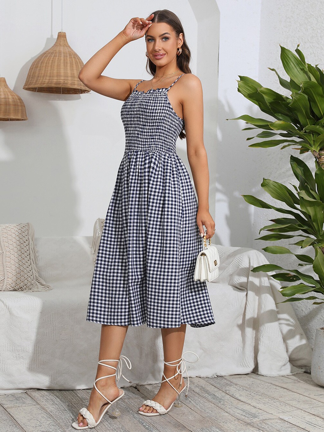 

JC Mode Checked Fit & Flare Midi Dress, Blue