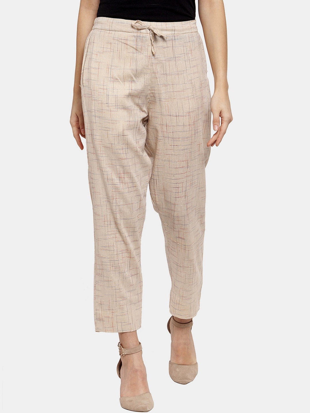 

Aarsha Women Checked Relaxed Straight Leg Trousers, Beige