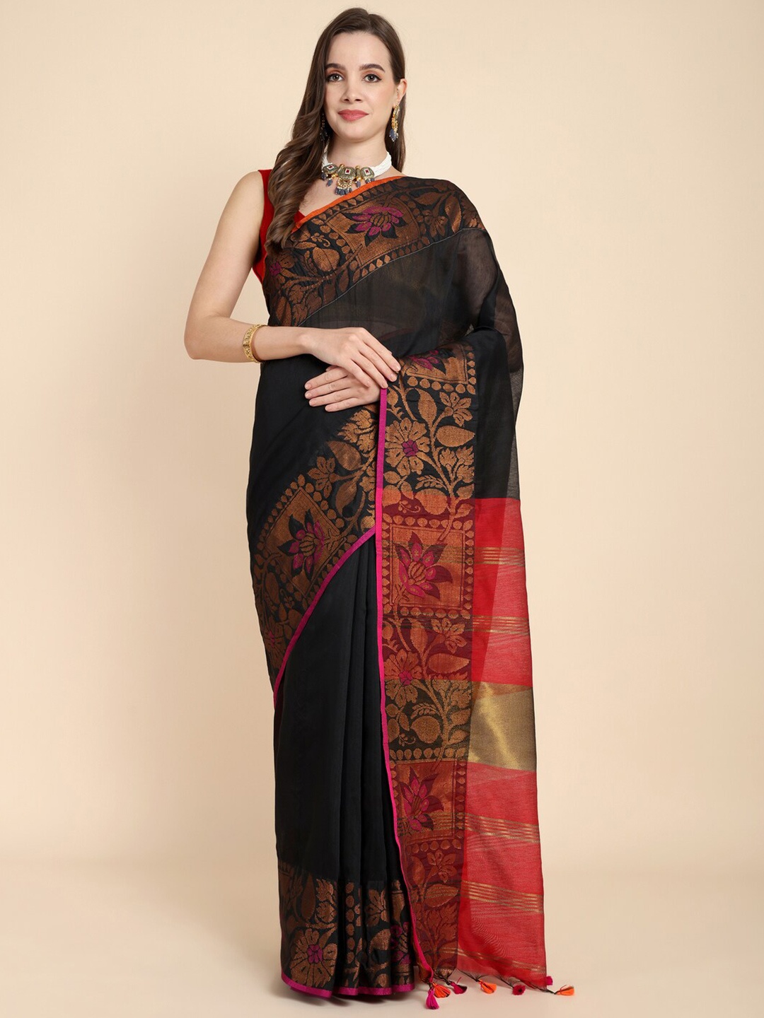 

Bong ButiQ Zari Silk Cotton Maheshwari Saree, Black