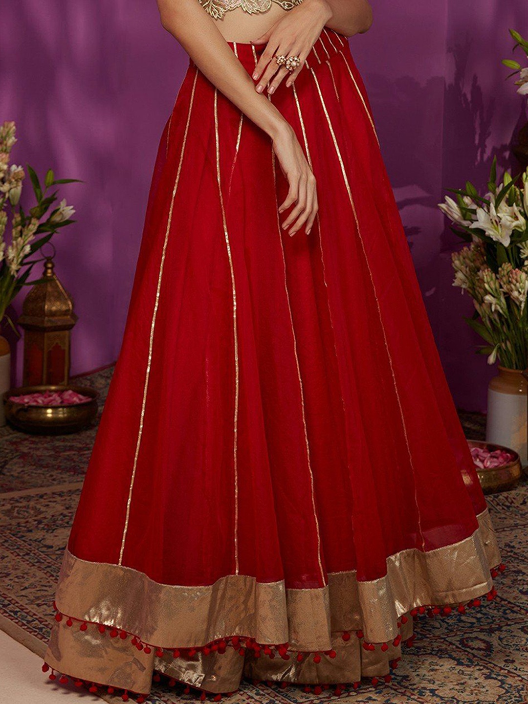 

Gajra Gang Embellished Flared Maxi Skirts, Red