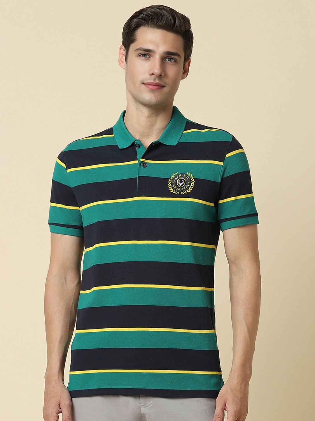 

Allen Solly Men Striped Polo Collar T-shirt, Green