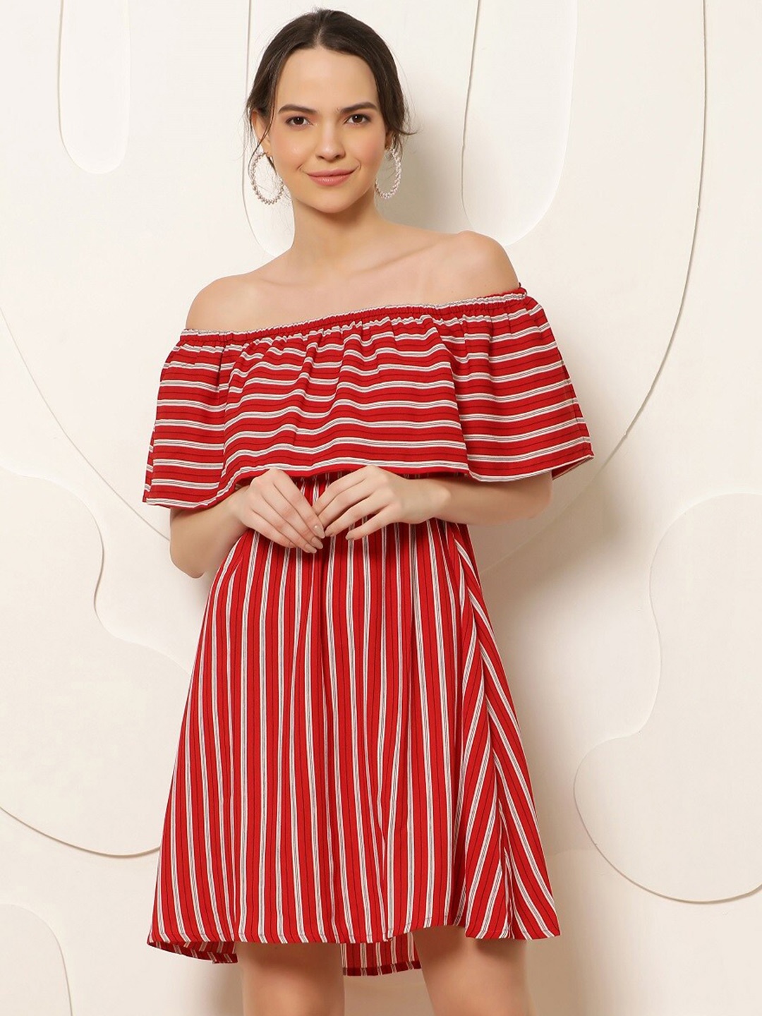 

Rue Collection Striped Off-Shoulder Crepe Fit & Flare Dress, Red