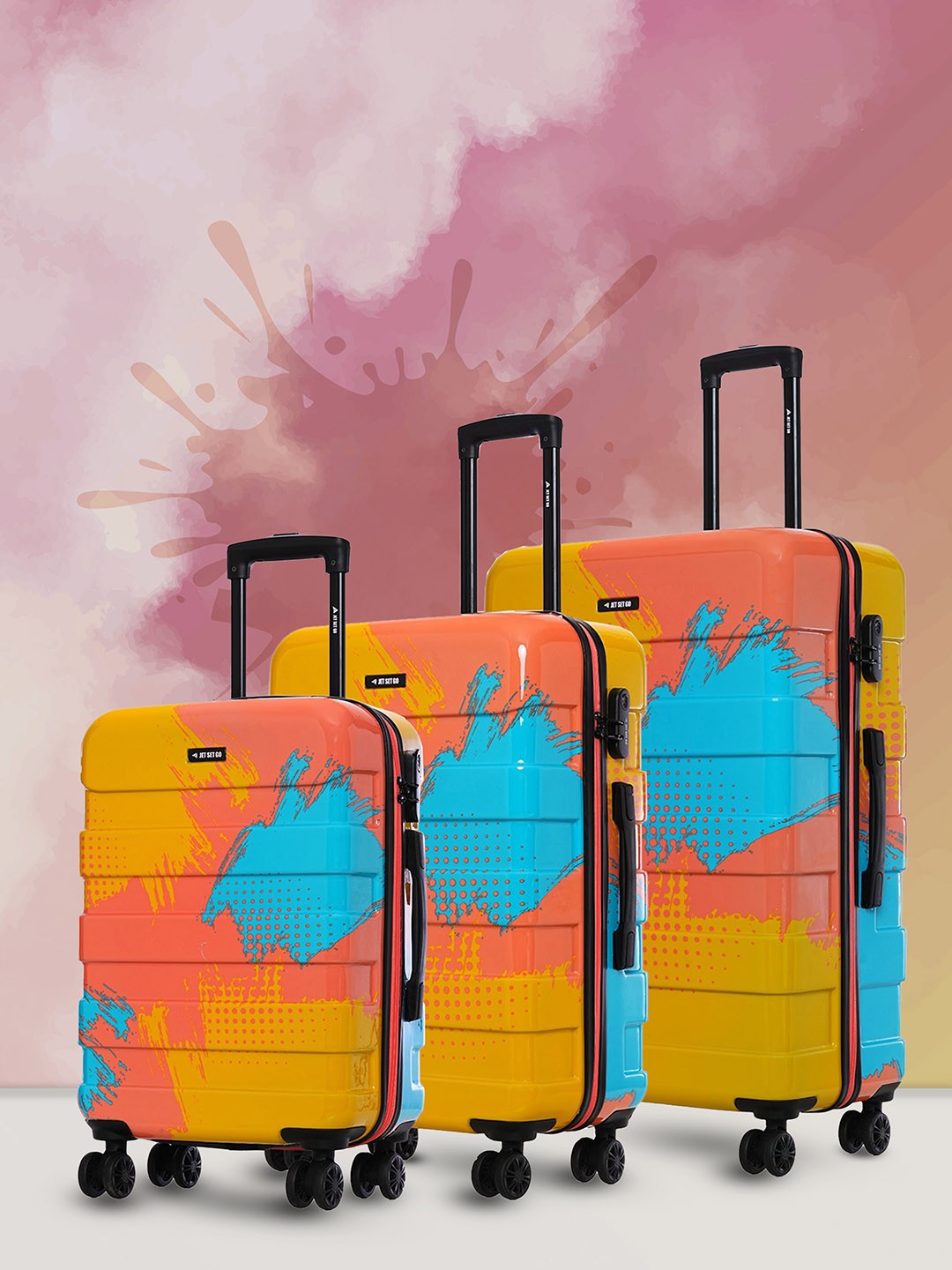 

Nasher Miles Jet Set Go Real Set Of 3 Printed Hard-Sided Trolley Suitcase, Peach