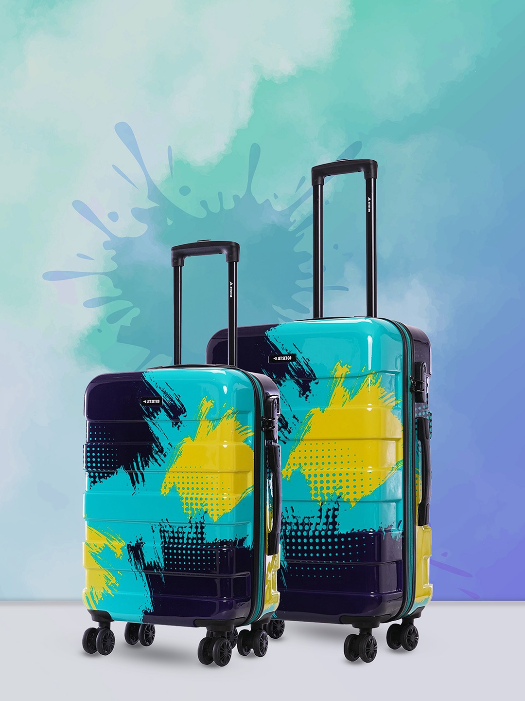 

Nasher Miles Jet Set Go Real Set Of 2 Printed Hard-Sided Trolley Suitcase, Teal