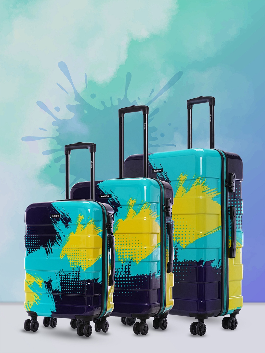 

Nasher Miles Jet Set Go Real Set of 3 Printed Hard-Sided Trolley Bags, Teal