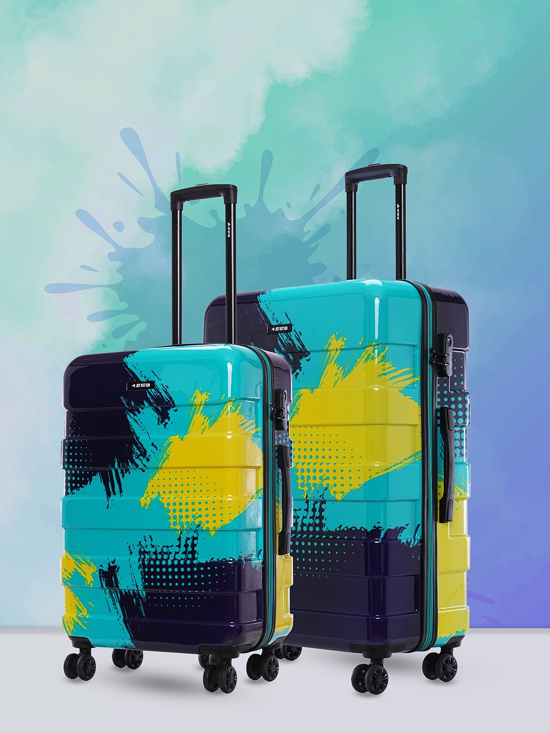 

Nasher Miles Jet Set Go Real Set Of 2 Printed Hard-Sided Trolley Bags, Teal