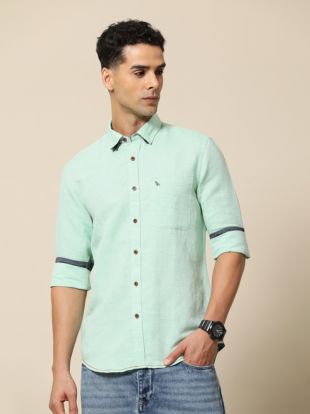 

Mr Bowerbird Men Premium Tailored Fit Linen Cotton Oxford Shirt, Sea green