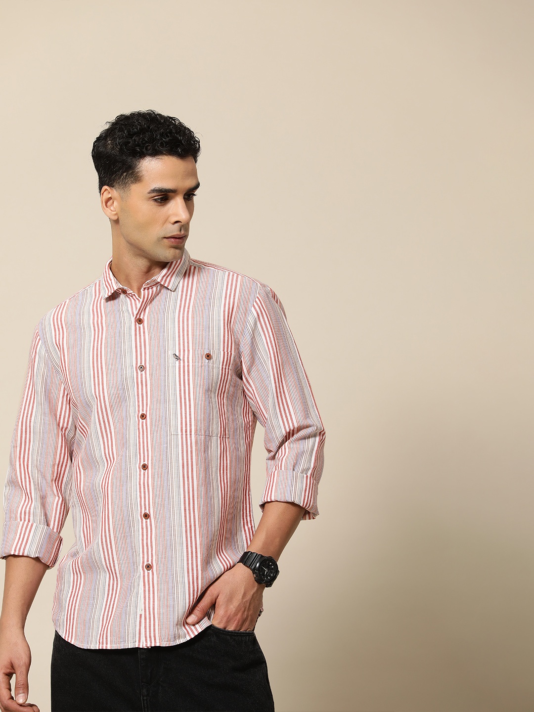 

Mr Bowerbird Men Premium Tailored Fit Linen Cotton Multi Stripes Shirt