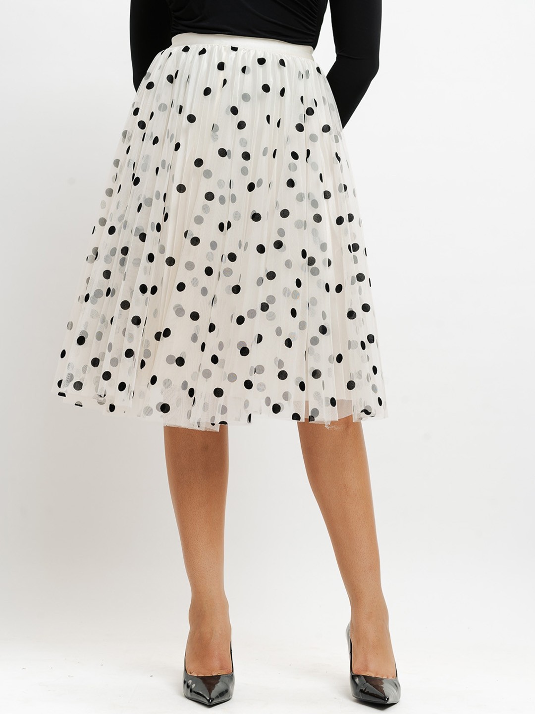 

FREAKINS Polka Dot Printed Flared Knee Length Skirt, White