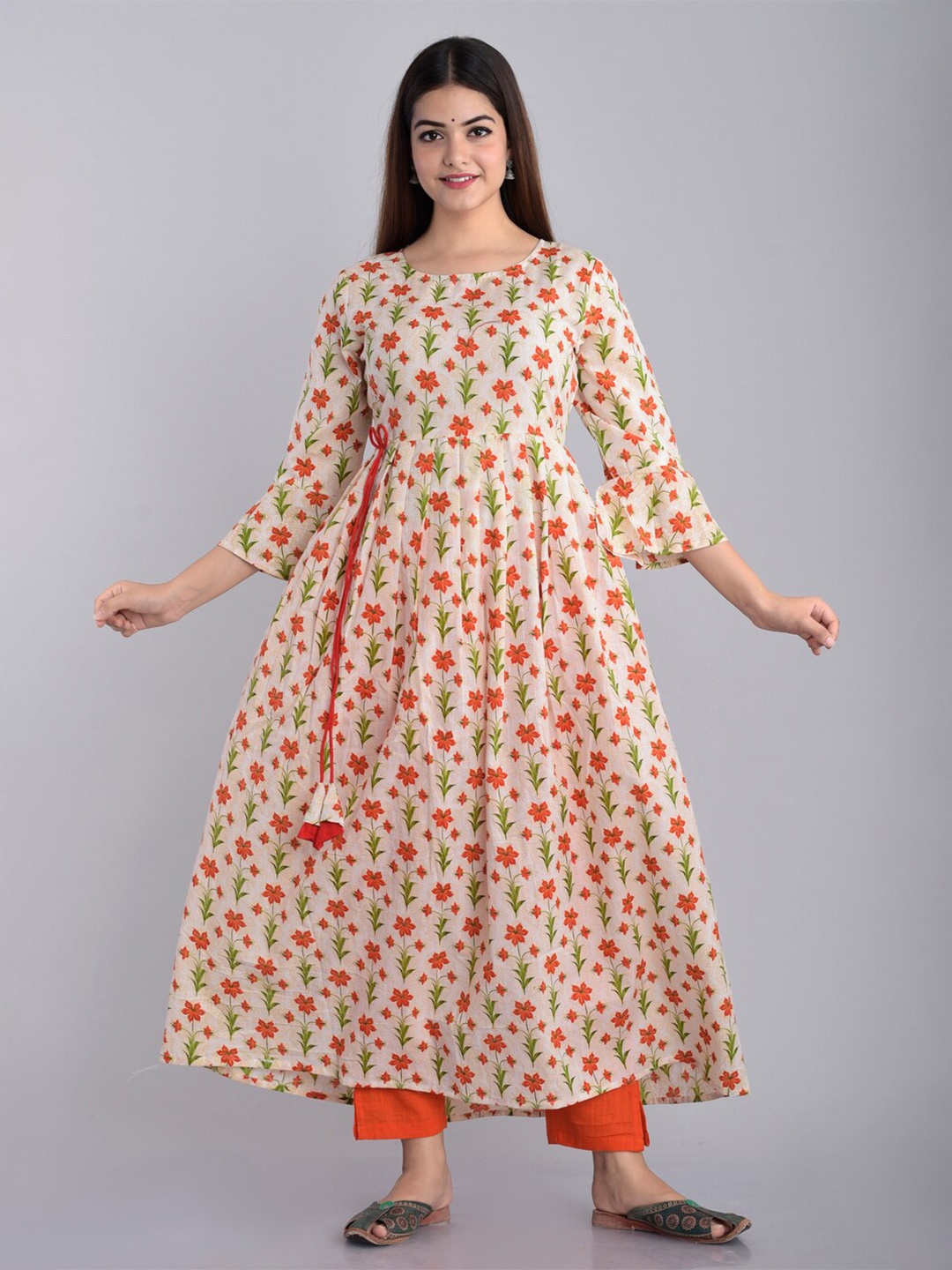 

D K W Floral Printed Round Neck Pleated Pure Cotton A-Line Kurta, Yellow