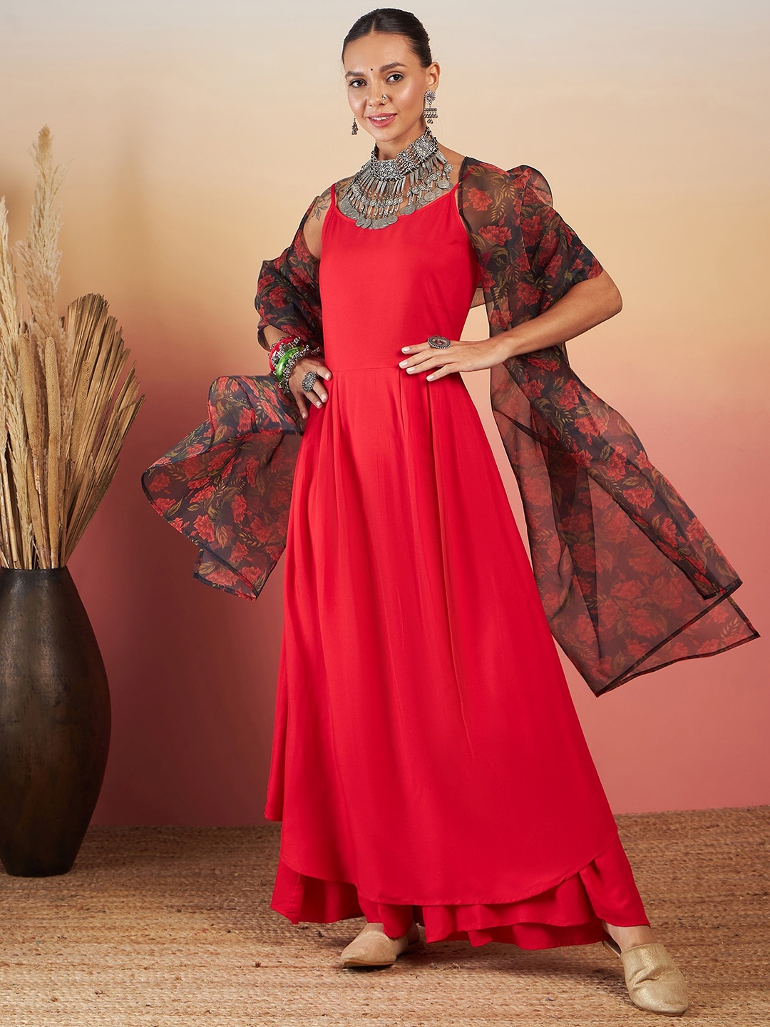 

InWeave Women Regular Kurta with Palazzos & With Dupatta, Red