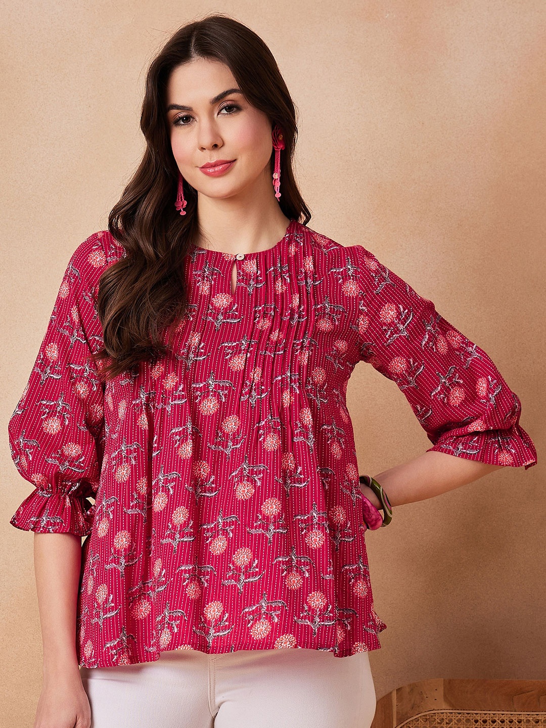 

InWeave Floral Print Bell Sleeve Cotton Top, Red