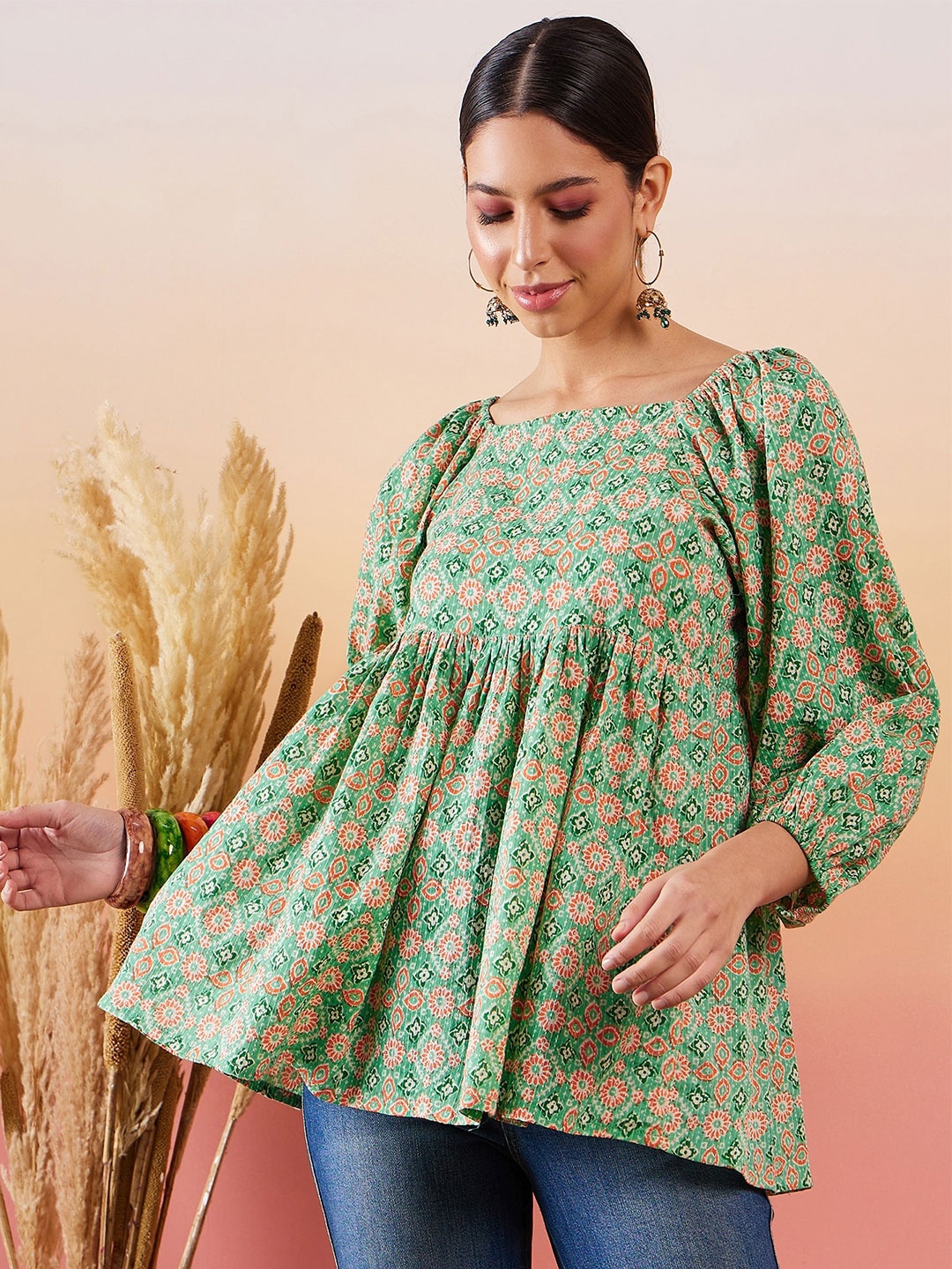 

InWeave Floral Print Puff Sleeve Cotton Empire Top, Green